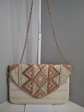 America & Beyond Beaded Boho Clutch Crossbody Bag Coral Ivory Gold NWOT